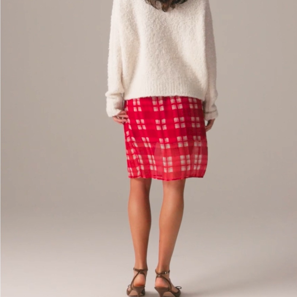 NWT J Crew red check chiffon knee length skirt - Picture 5 of 8